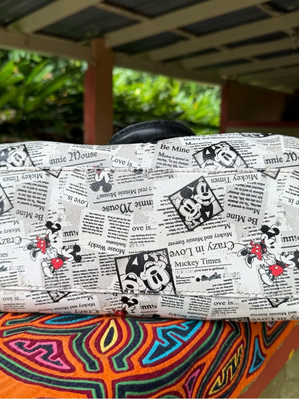 Disney Mickey Minnie‎ Newspaper Print Satchel Handbag Black White Bowling Bag